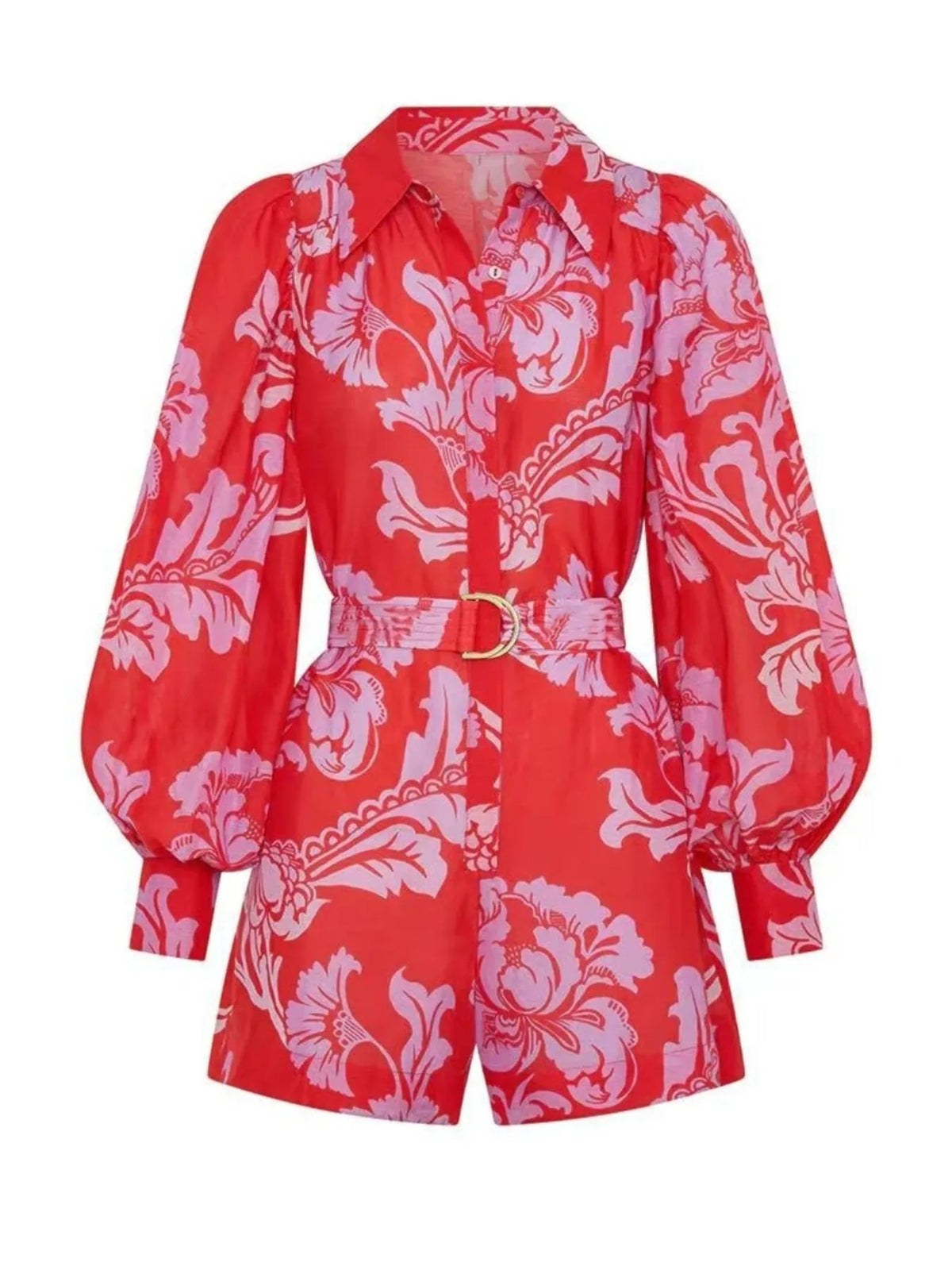 Printed Long Sleeve Belted Romper - Lilixa.store