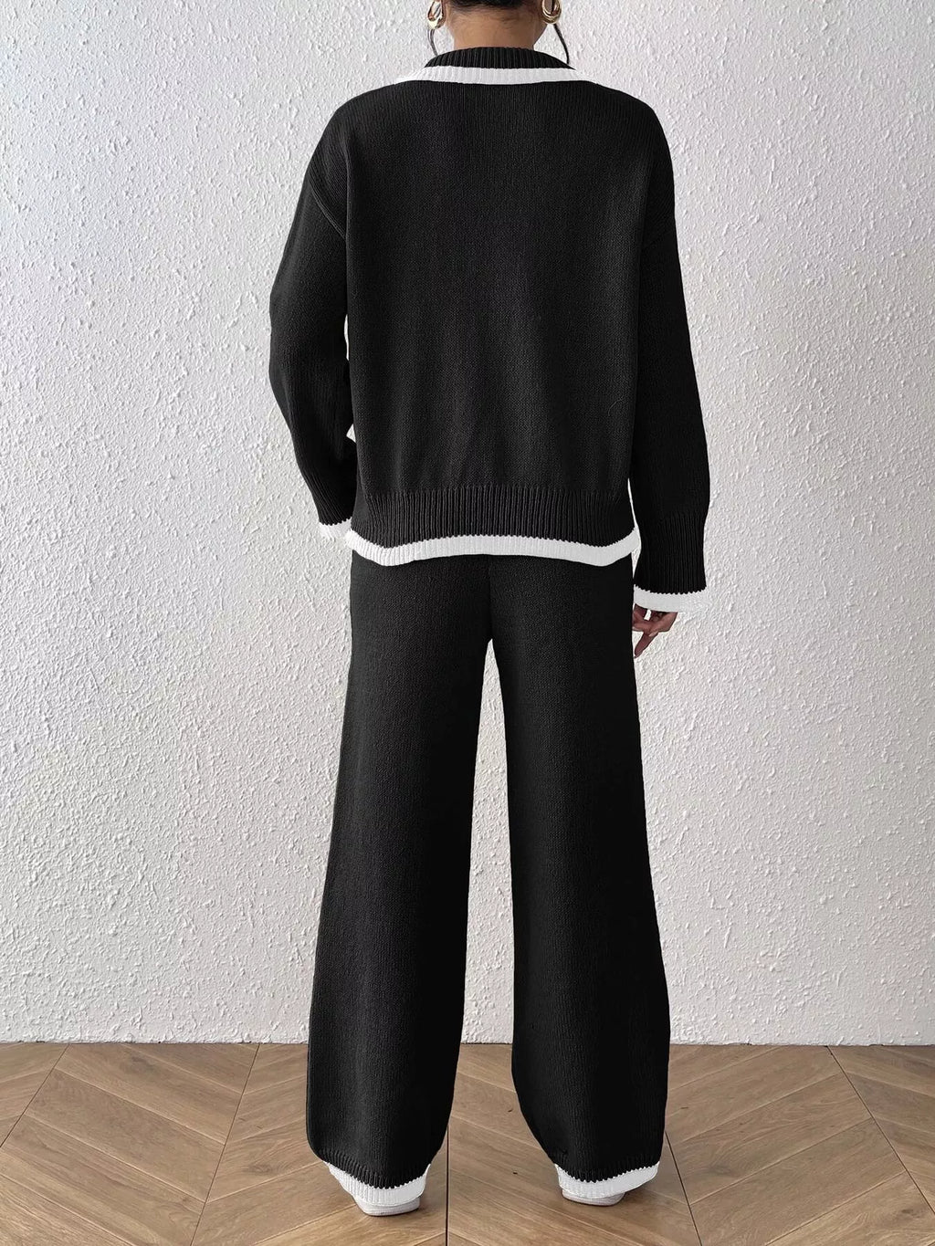Contrast Trim Polo Collar Top and Pants Sweater Set - Lilixa.store