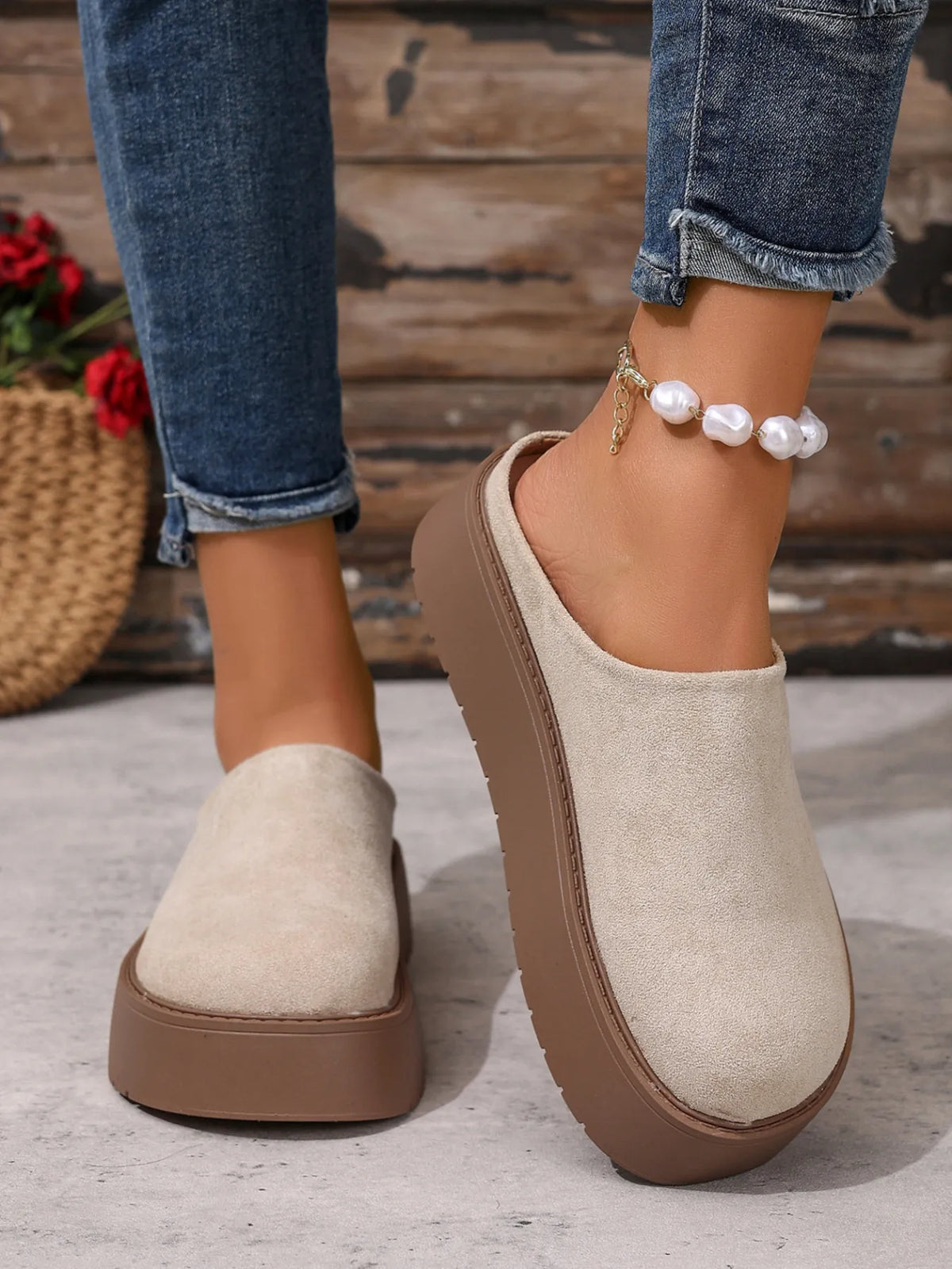 Platform Suede Slip-Ons in Apricot