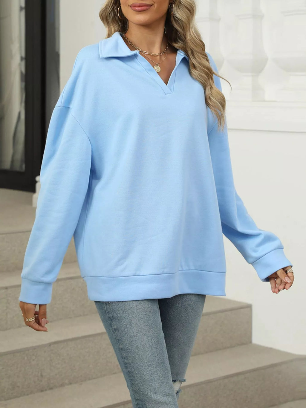 Johnny Collar Drop Shoulder Long Sleeve Sweatshirt - Lilixa.store