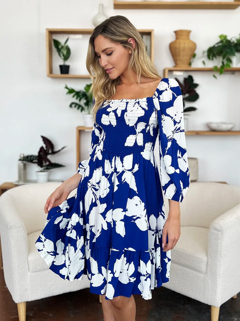 Double Take Full Size Floral Ruffle Hem Smocked Dress with Pockets - Lilixa.store