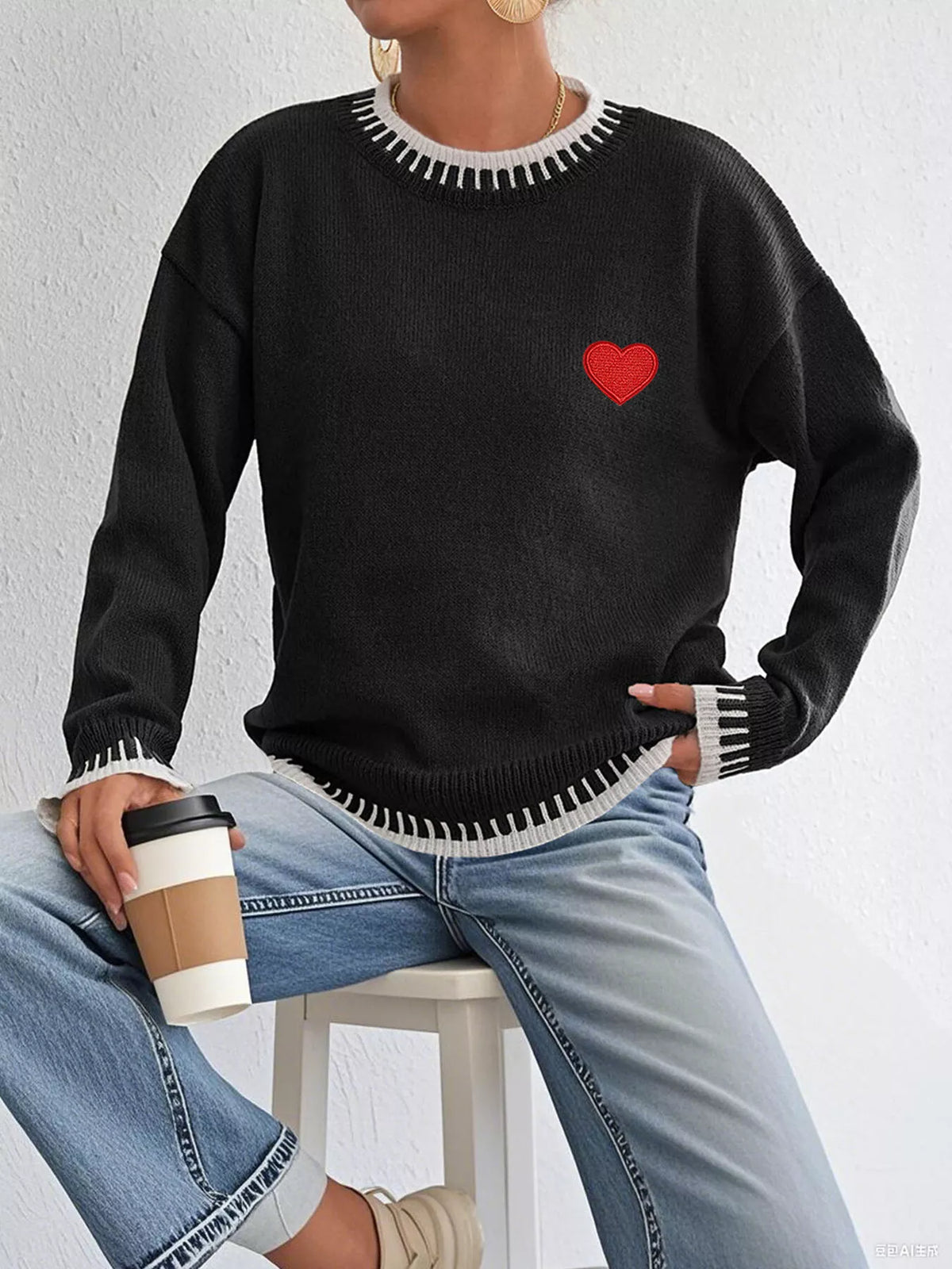 Heart-Embroidered Contrast Trim Sweater in Black