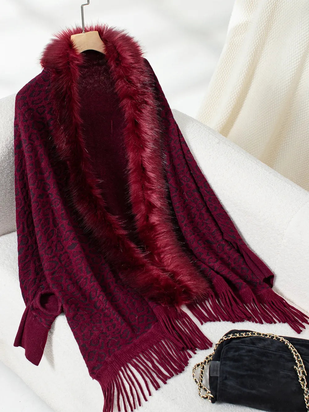 Fringe Leopard Open Front Long Sleeve Poncho in Burgundy