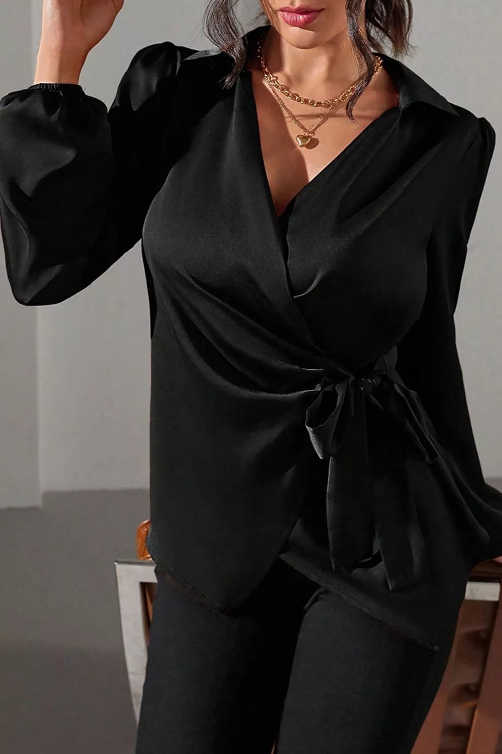 Satin Tied Detail Long Sleeve Blouse, view 13