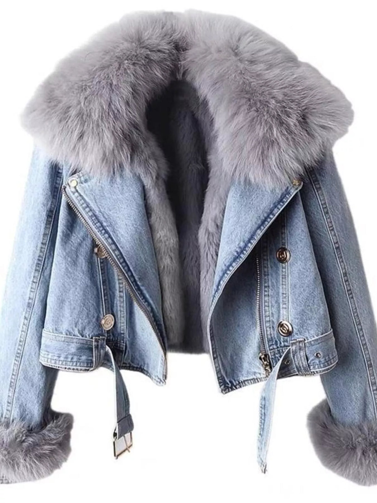 Full Size Faux Fur Collar Denim Jacket Plus Size, view 5