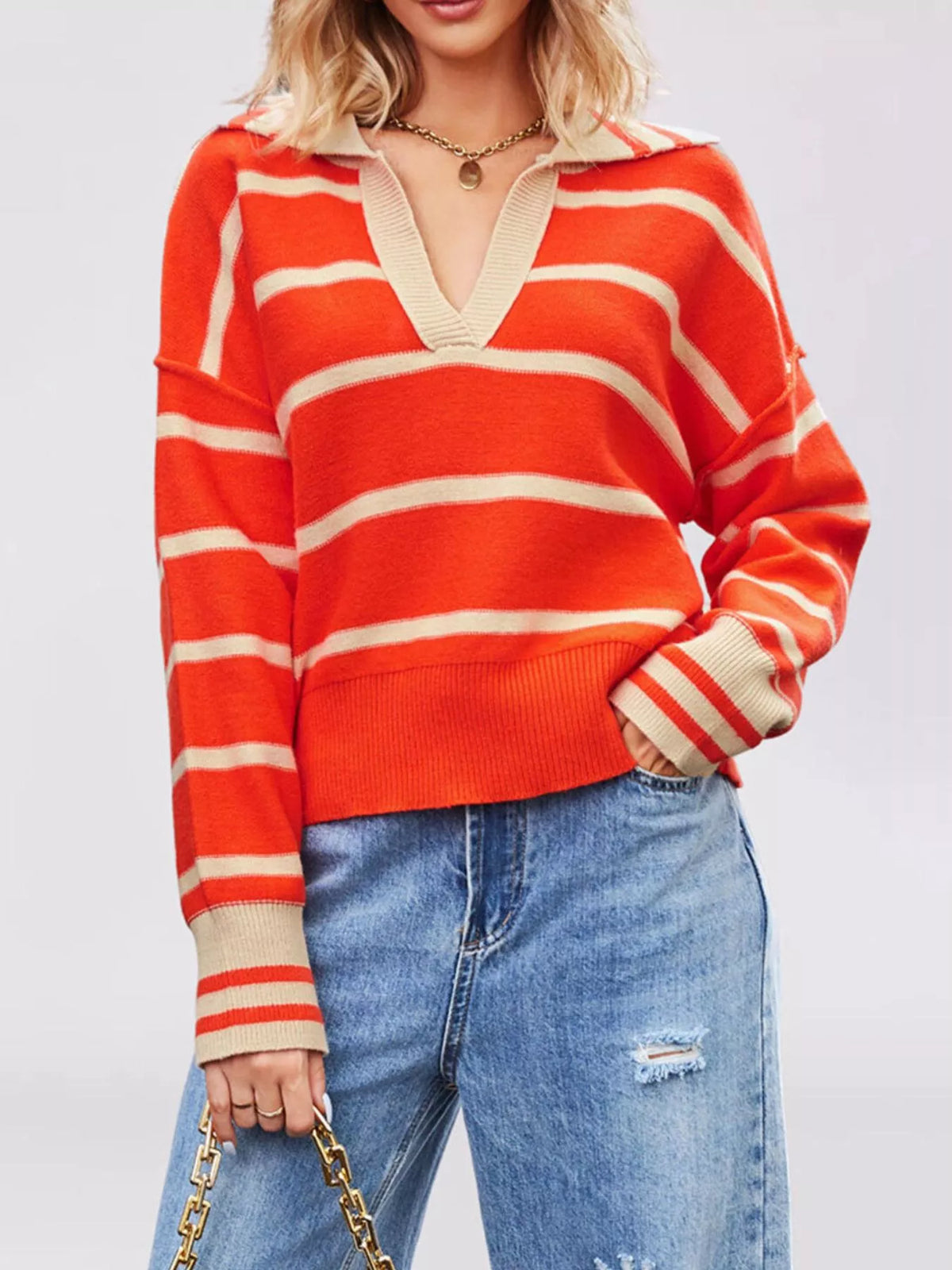 Striped Johnny Collar Dropped Shoulder Sweater - Lilixa.store