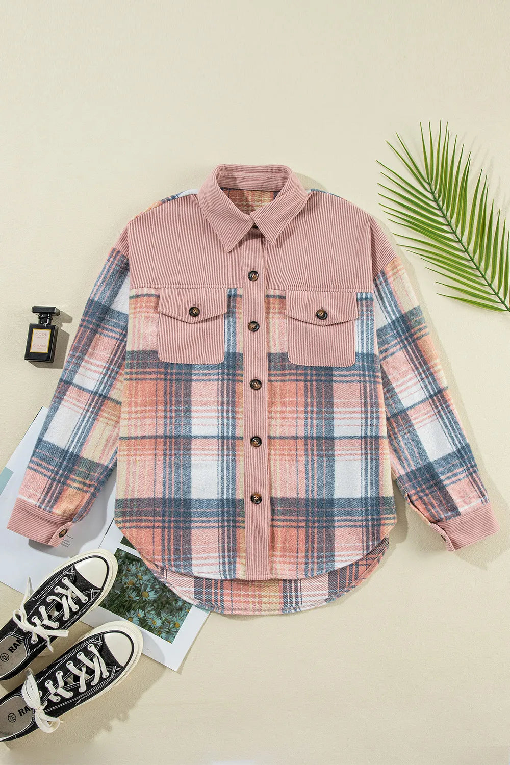 Plaid Button Up Long Sleeve Shacket, view 4