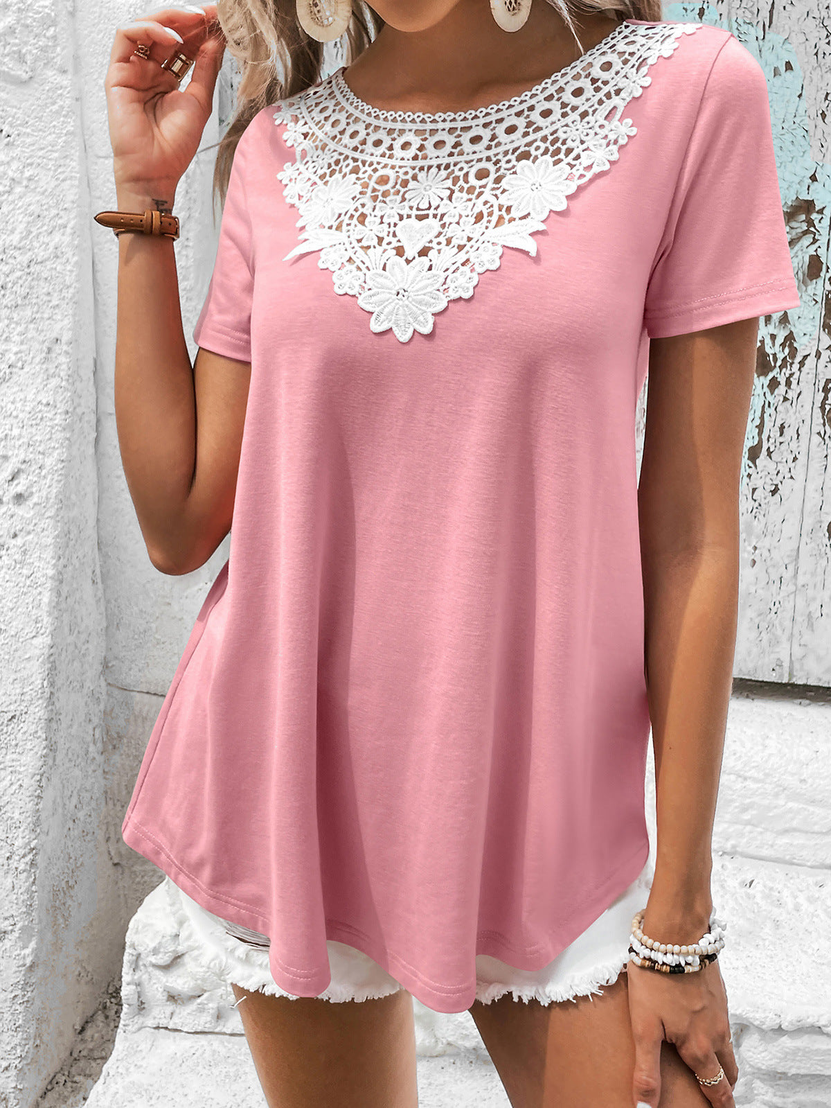 Ivy Lane Spliced Lace Contrast Short Sleeve Top in Pink