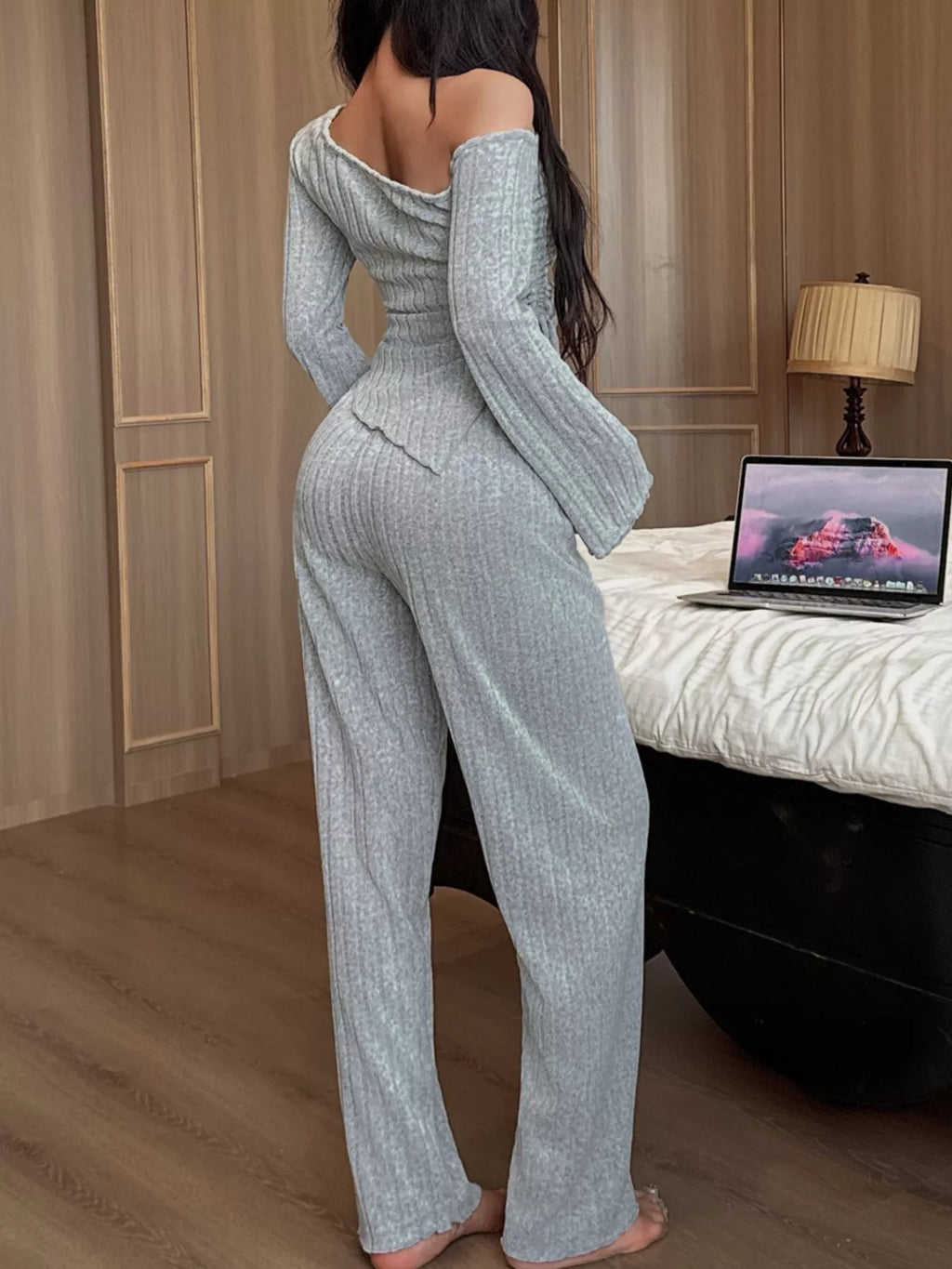 One-Shoulder Ribbed Knit Top and Pants Set - Lilixa.store