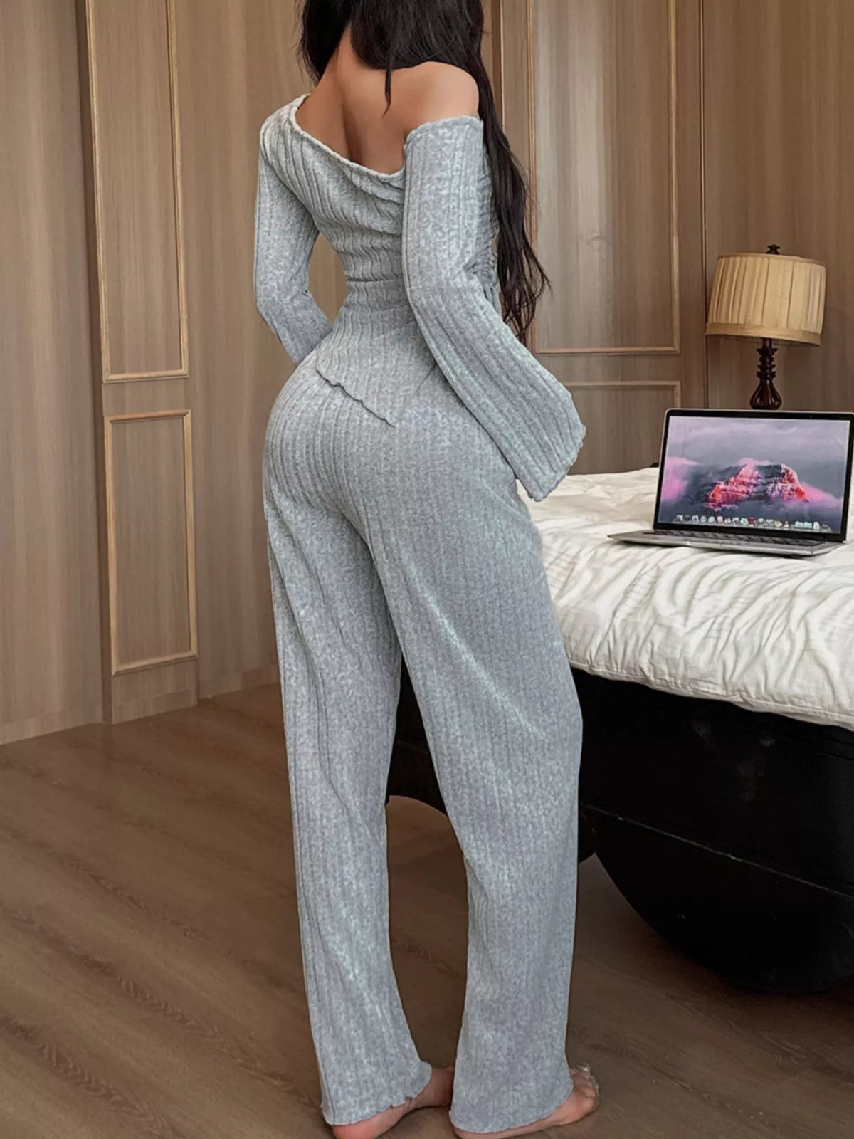 One-Shoulder Ribbed Knit Top and Pants Set - Lilixa.store