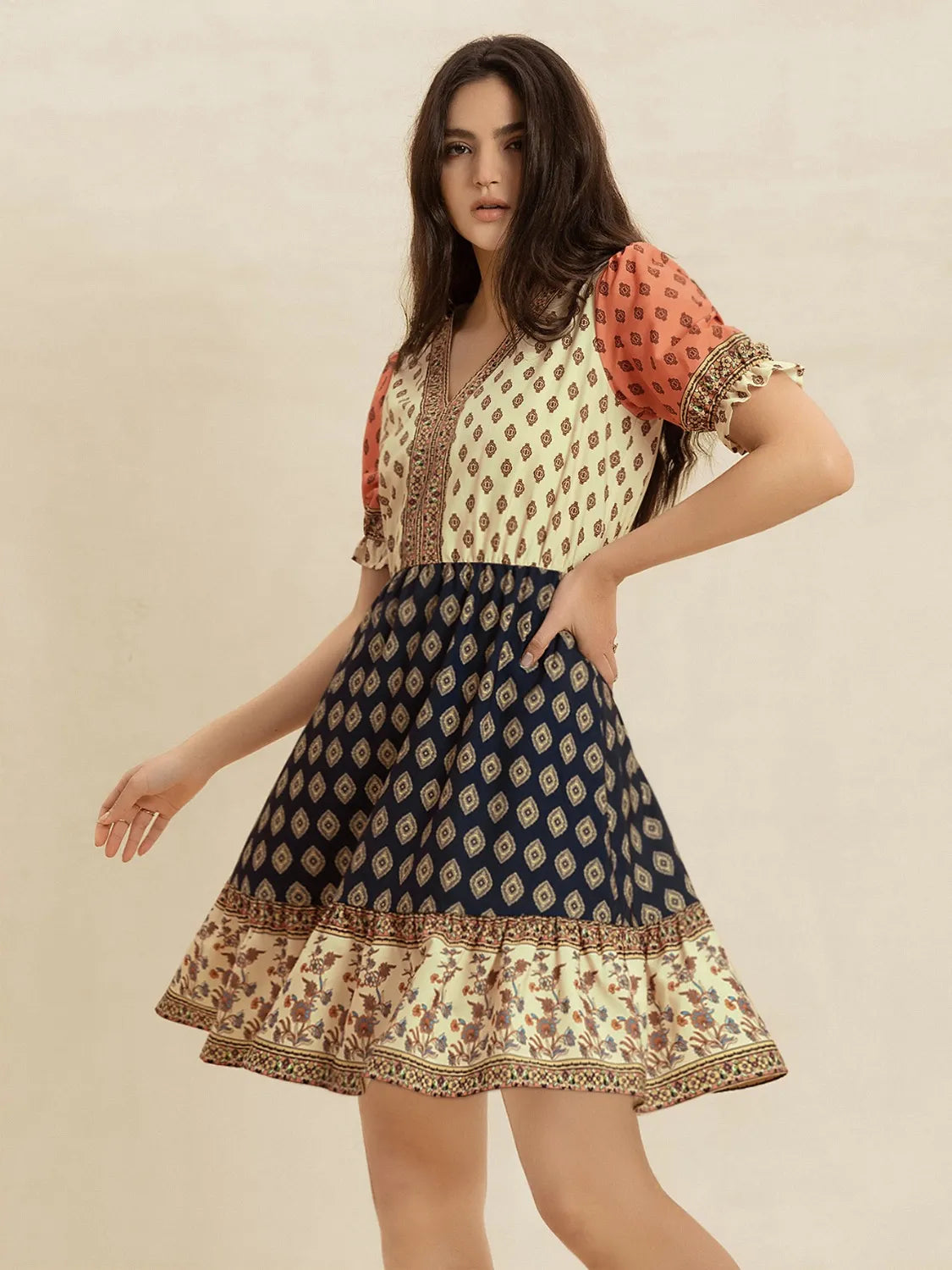 Printed V-Neck Short Sleeve Dress in Tan, view 4