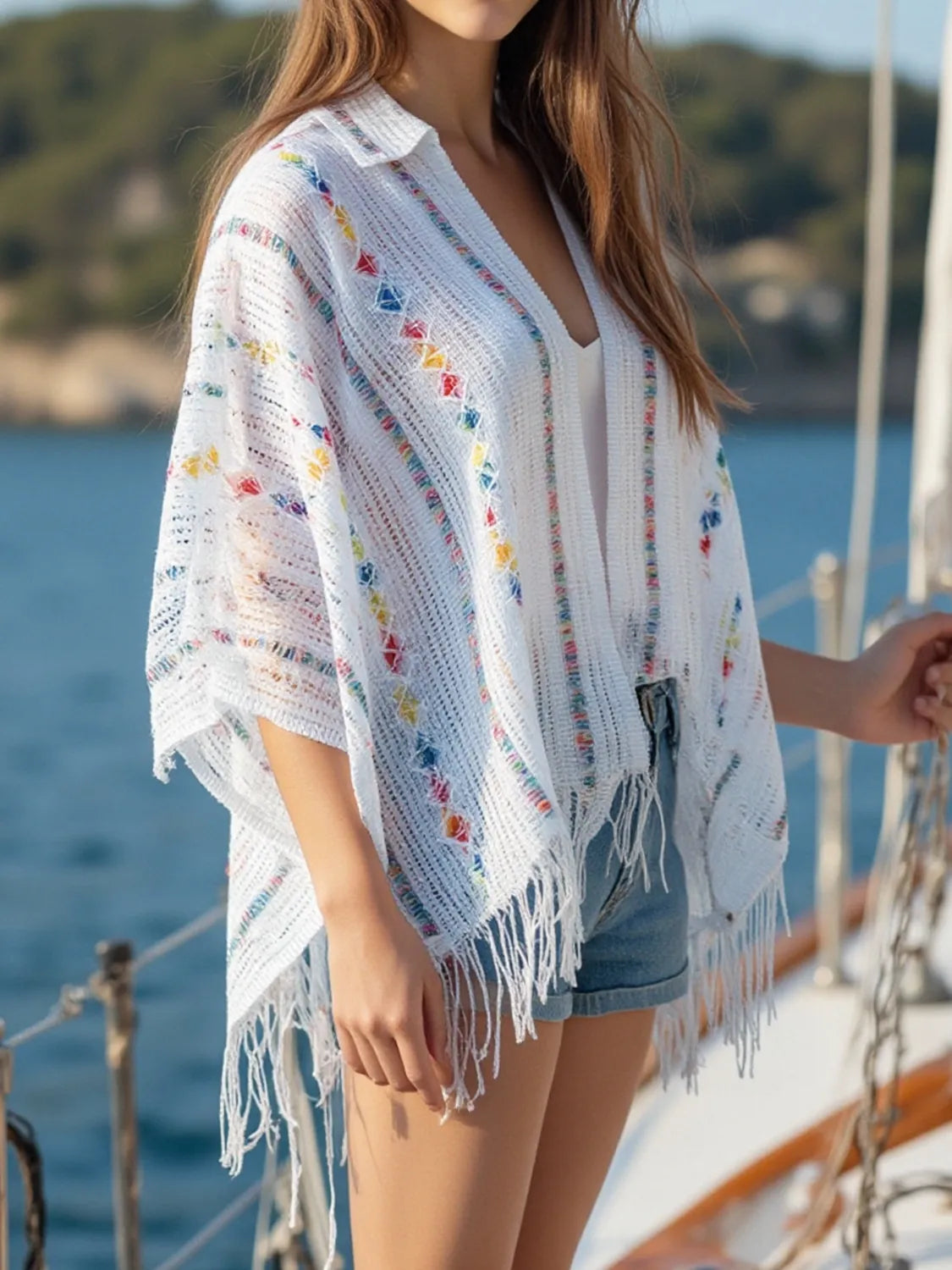Openwork Fringe Open Front Knit Cape - Lilixa.store