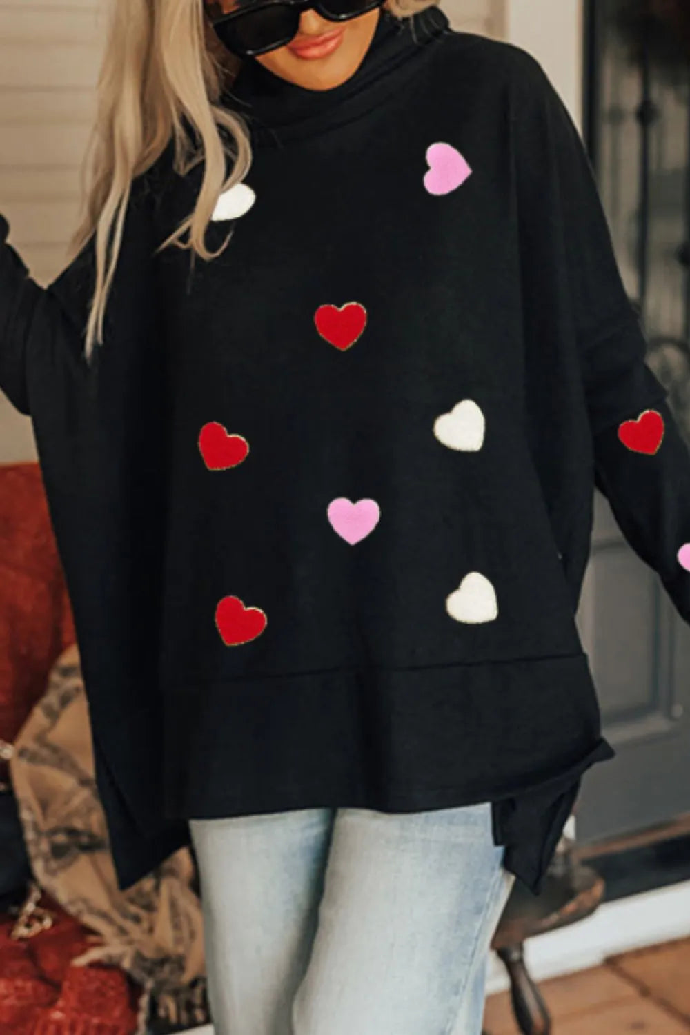 Valentine’s Day Heart Patched Turtleneck Long Sleeve Top - Lilixa.store