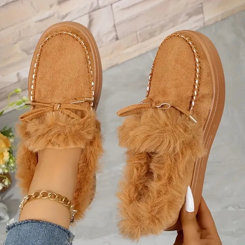 Bow Furry Round Toe Flat Slip-Ons in Brown