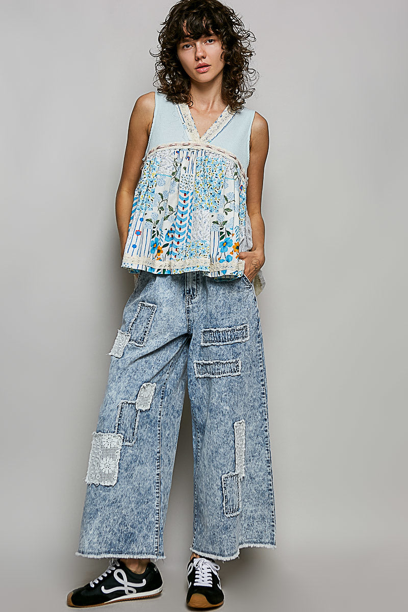 POL Floral V-Neck Sheer Tank with Lace Trim - Lilixa.store