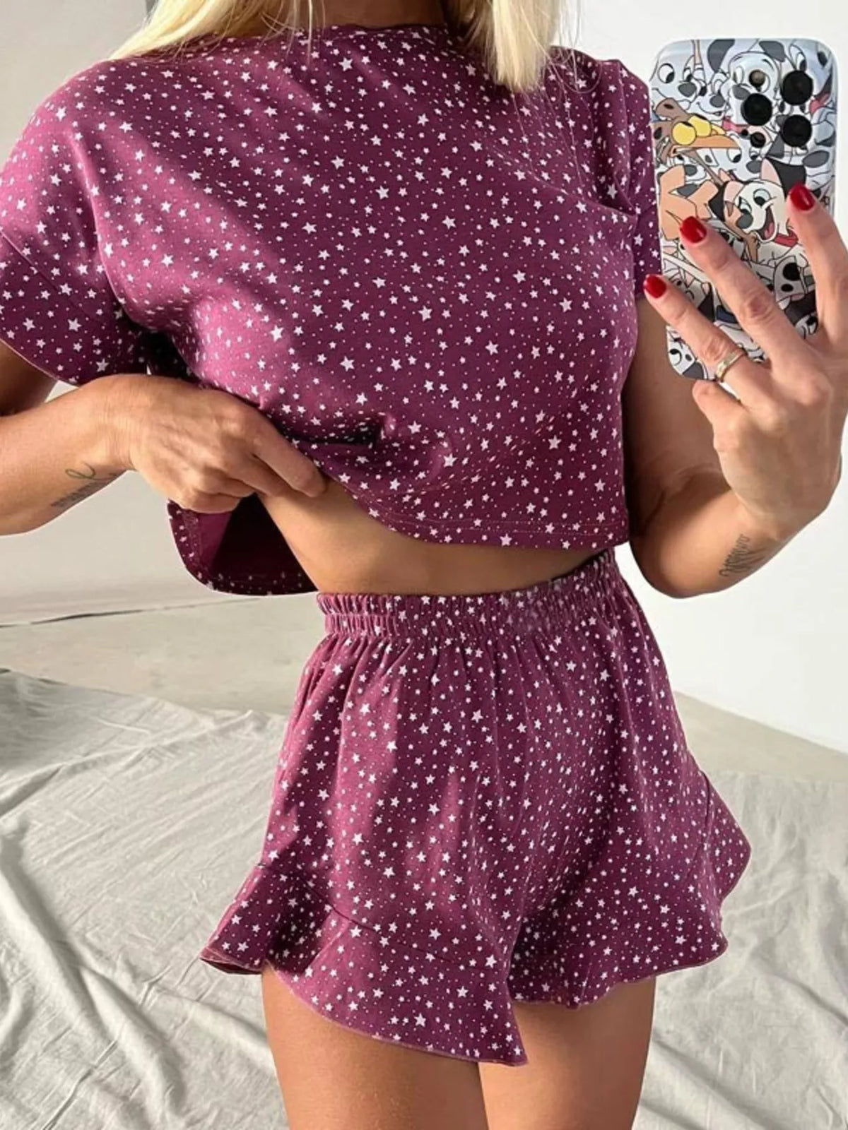 Printed Crop Top and Ruffled Shorts Lounge Set - Lilixa.store
