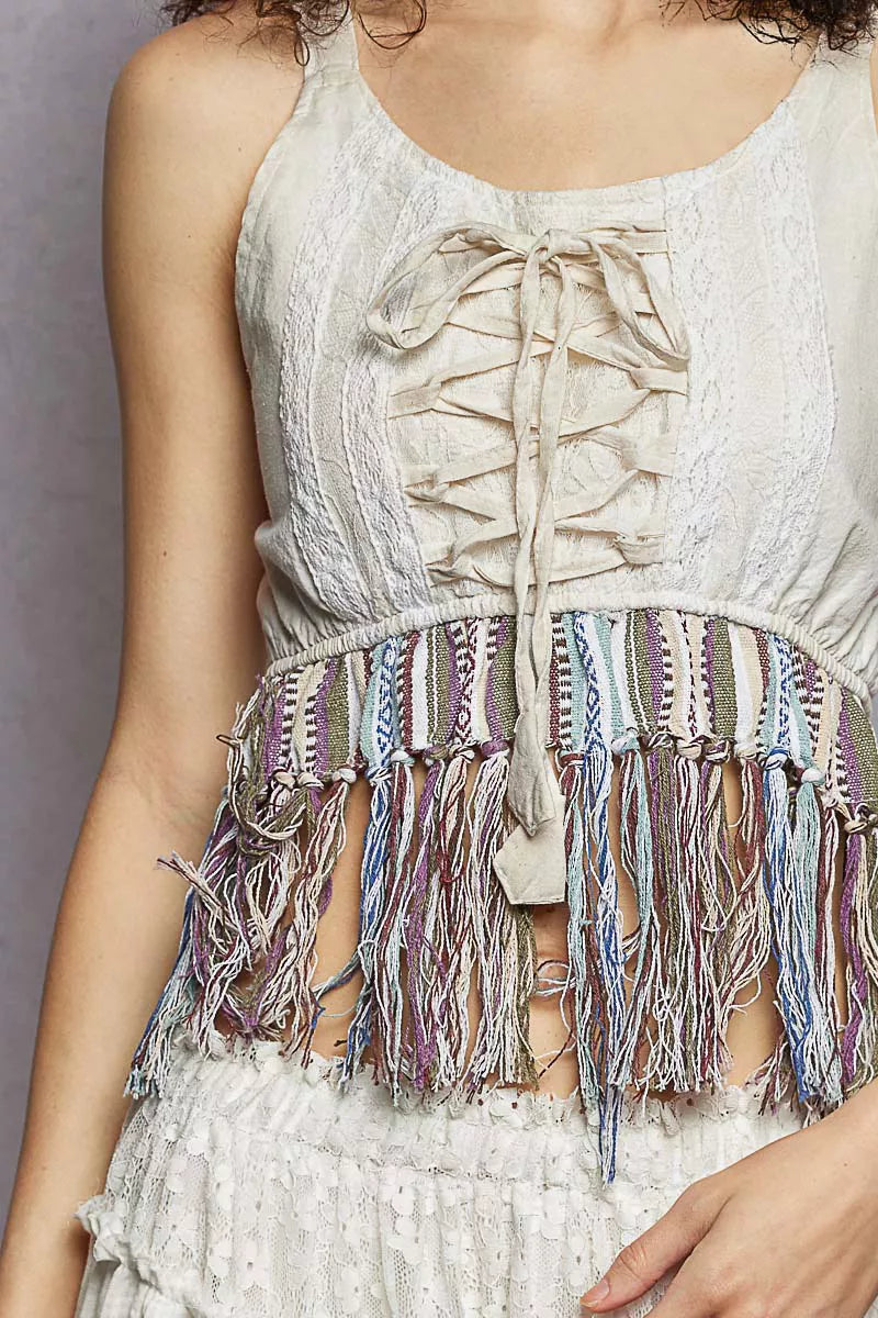 POL Lace-Up Fringe Hem Tank with Lace Detail - Lilixa.store