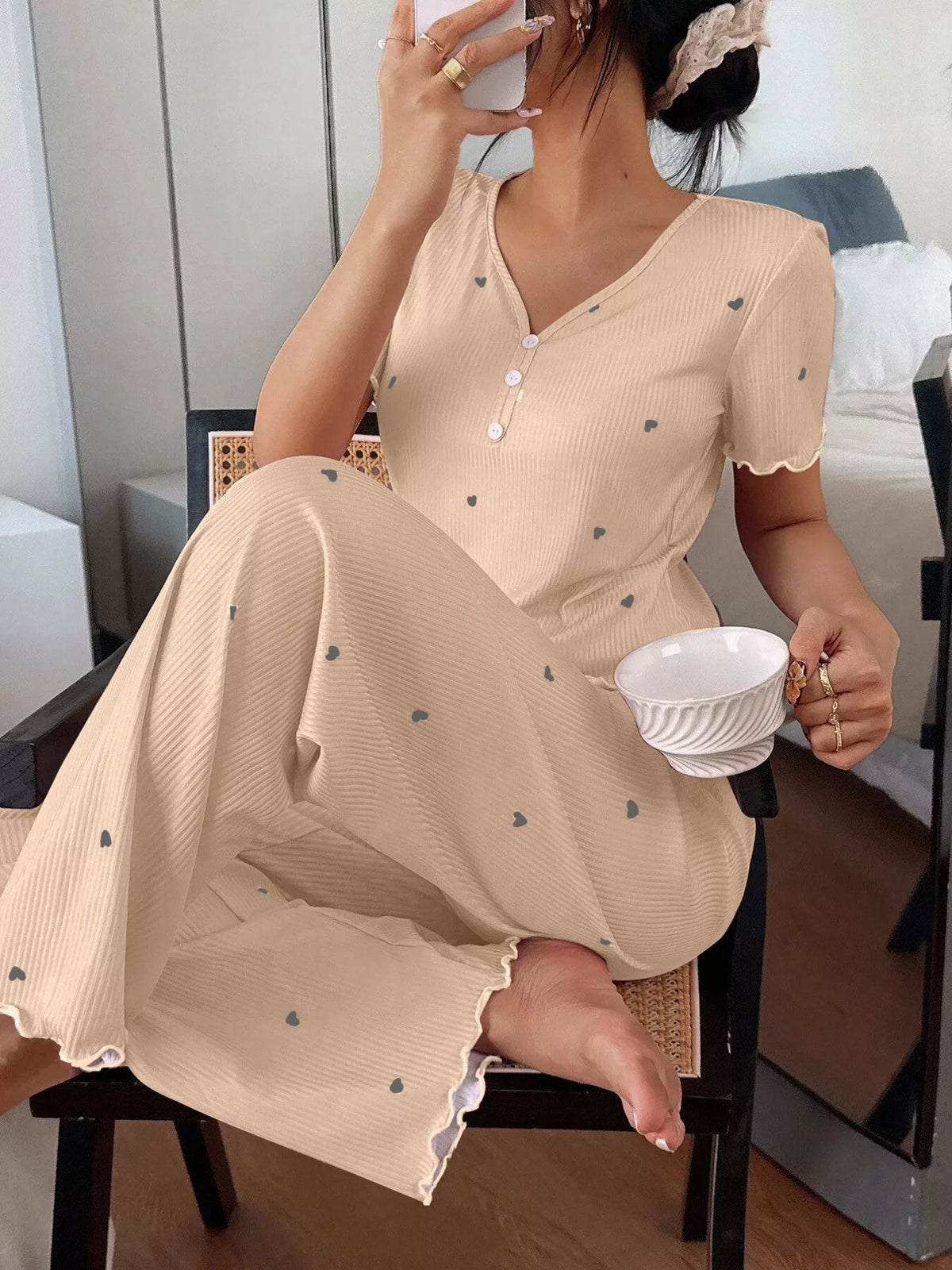 Heart Print Lettuce Trim Top and Pants Loungewear Set