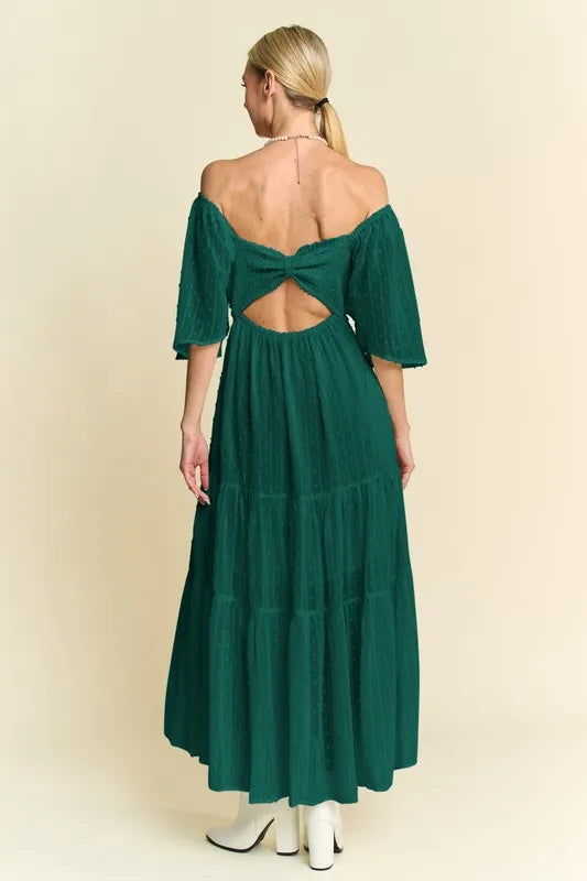 Davi & Dani Swiss Dotted Ruched Ruffle Open Back Midi Dress - Lilixa.store