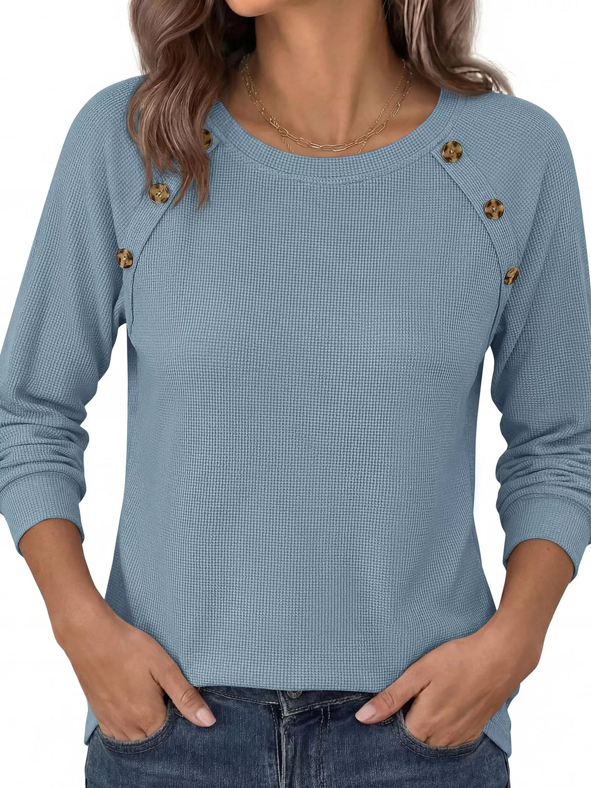 Decorative Button Waffle Knit Long Sleeve T-Shirt