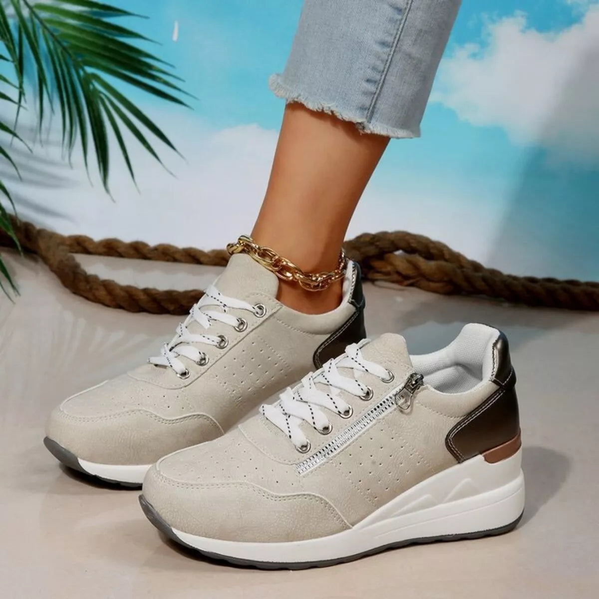 Platform Lace Up Sneakers in Beige