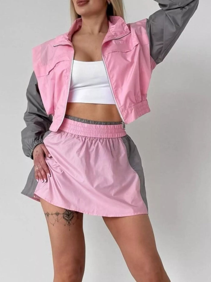 Color-Block Cropped Jacket and Skort Set in Pink