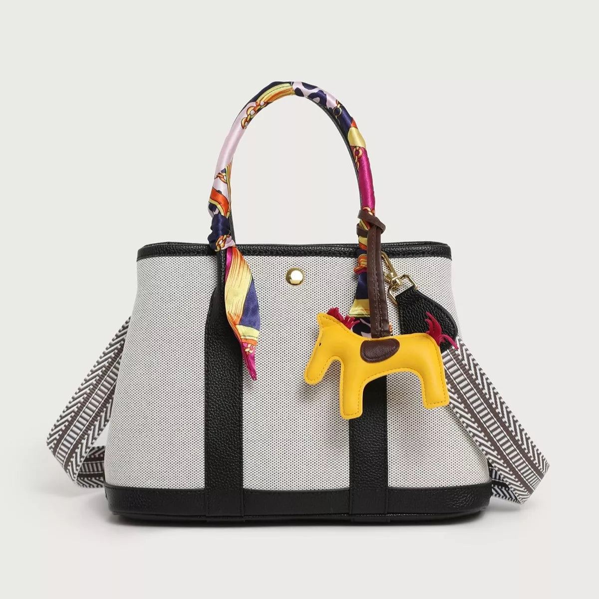 Canvas Handbag with Silk Scarf and Horse Charm in Black, view 8