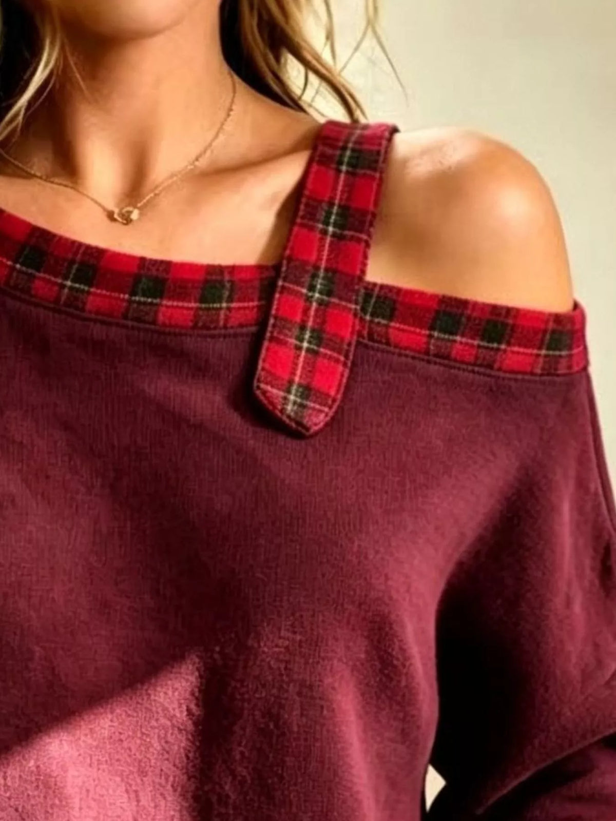 Full Size Cold-Shoulder Plaid Patchwork Long Sleeve Top Plus Size - Lilixa.store