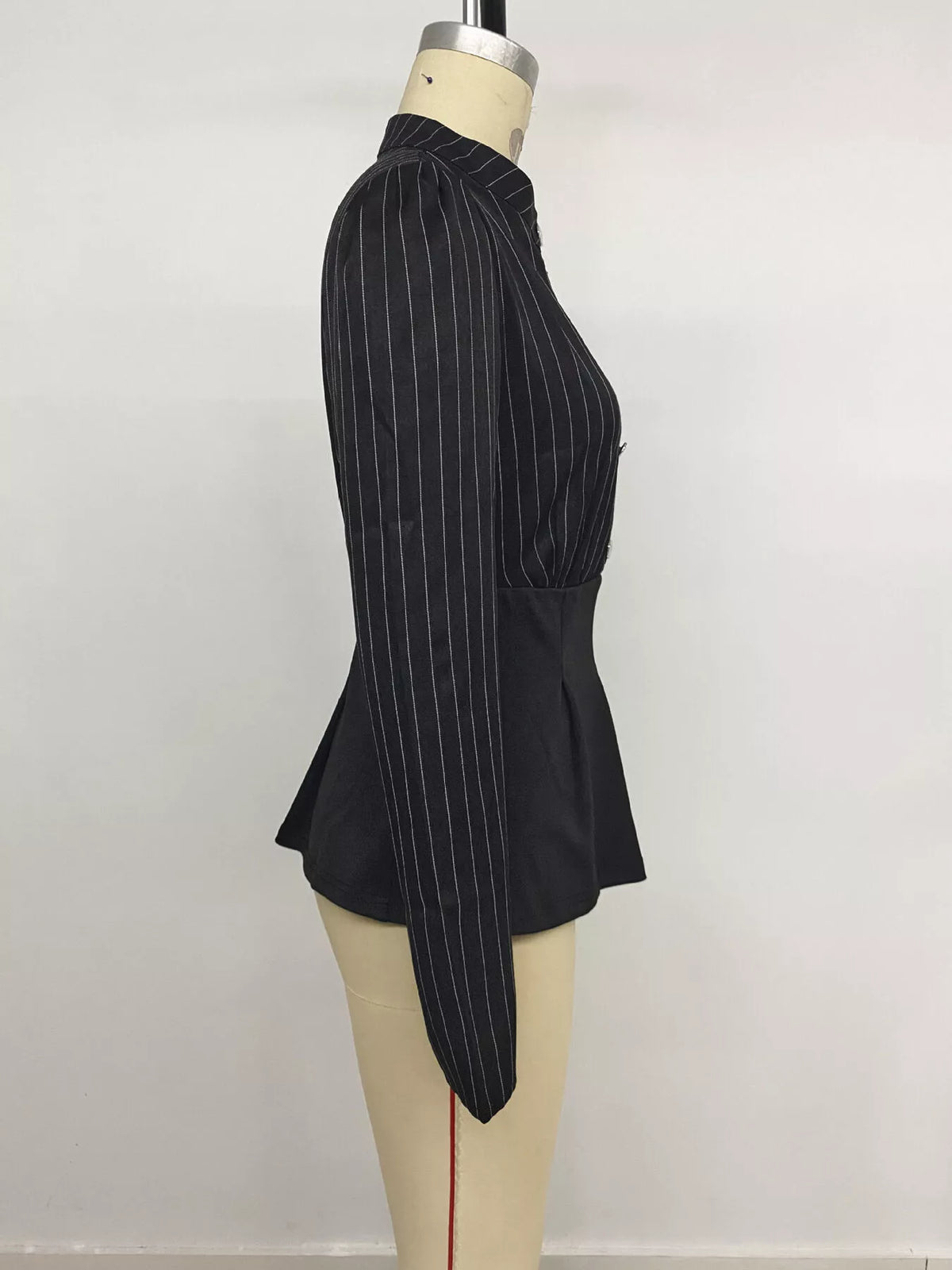 Striped Long Sleeve Peplum Blouse in Black, view 7