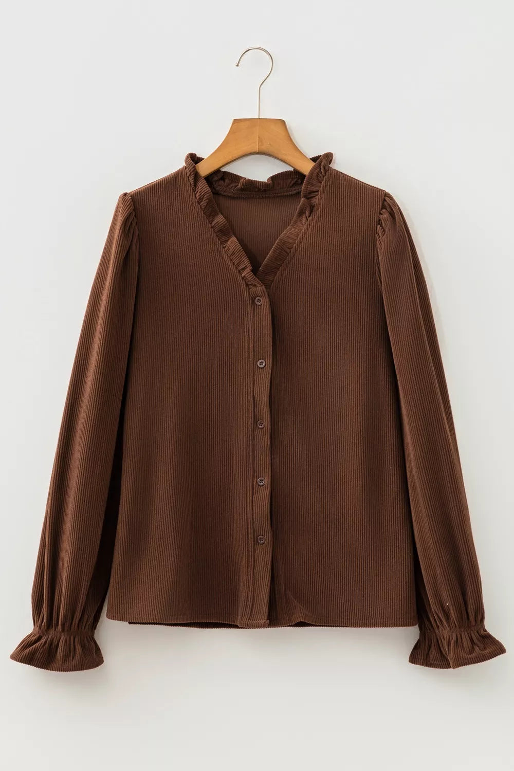 Solid Color Ruffle Trim V Neck Long Sleeve Button Corduroy Shakcet in Dark Brown, view 5