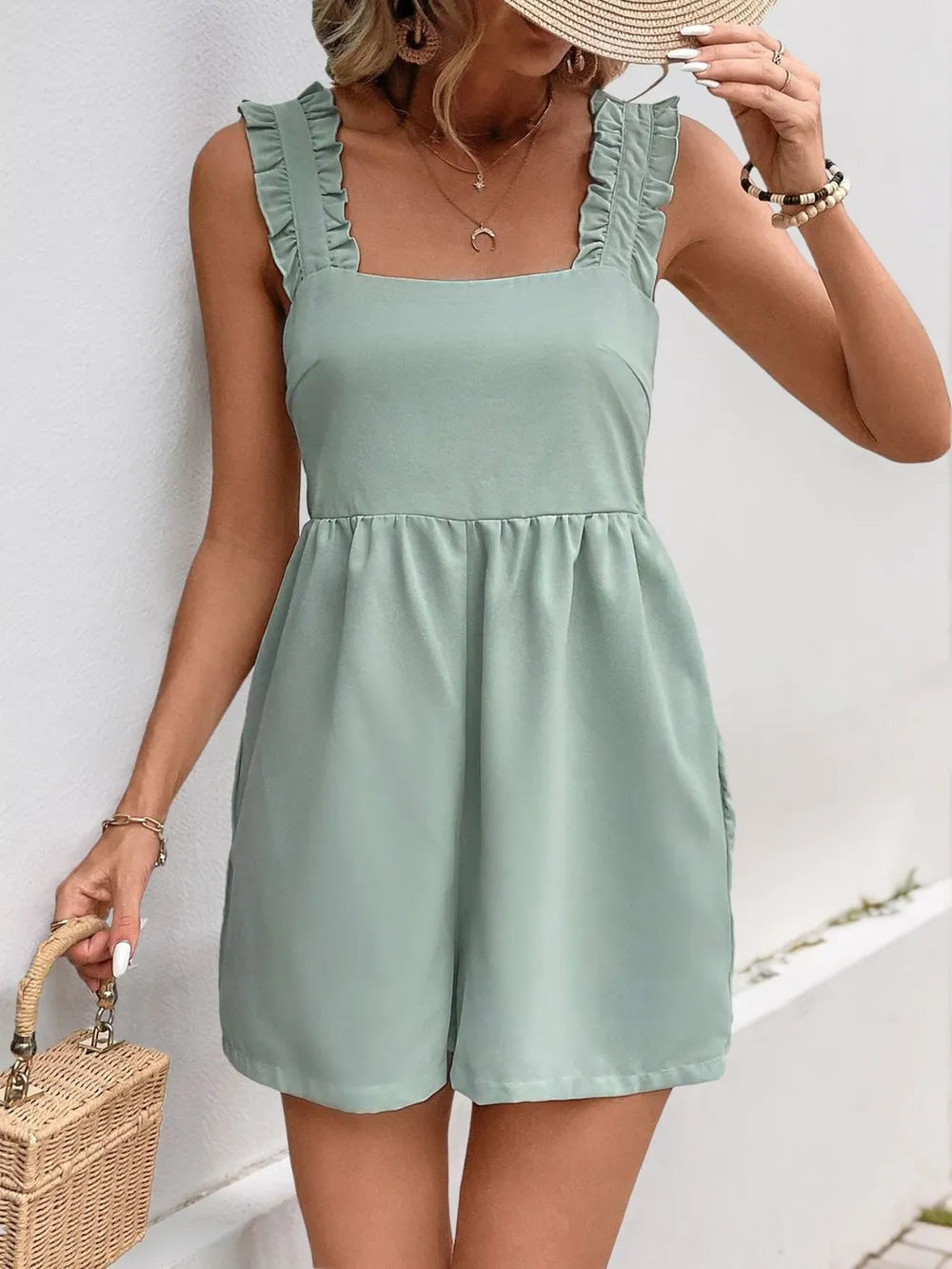 Perfee Frill Wide Strap Romper with Pockets - Lilixa.store