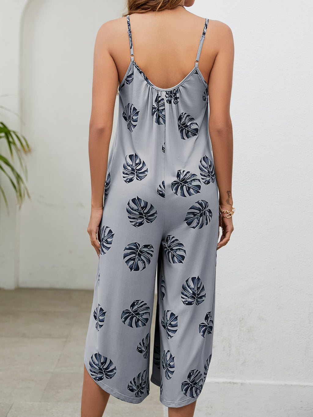 Botanical Print Spaghetti Strap Scoop Neck Jumpsuit - Lilixa.store
