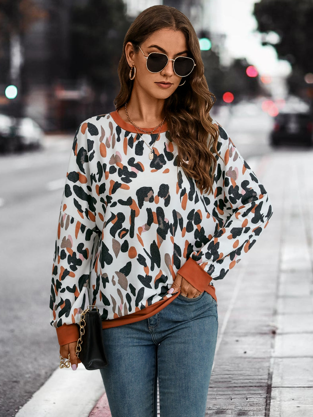 Leopard Round Neck Drop Shoulder Sweatshirt - Lilixa.store