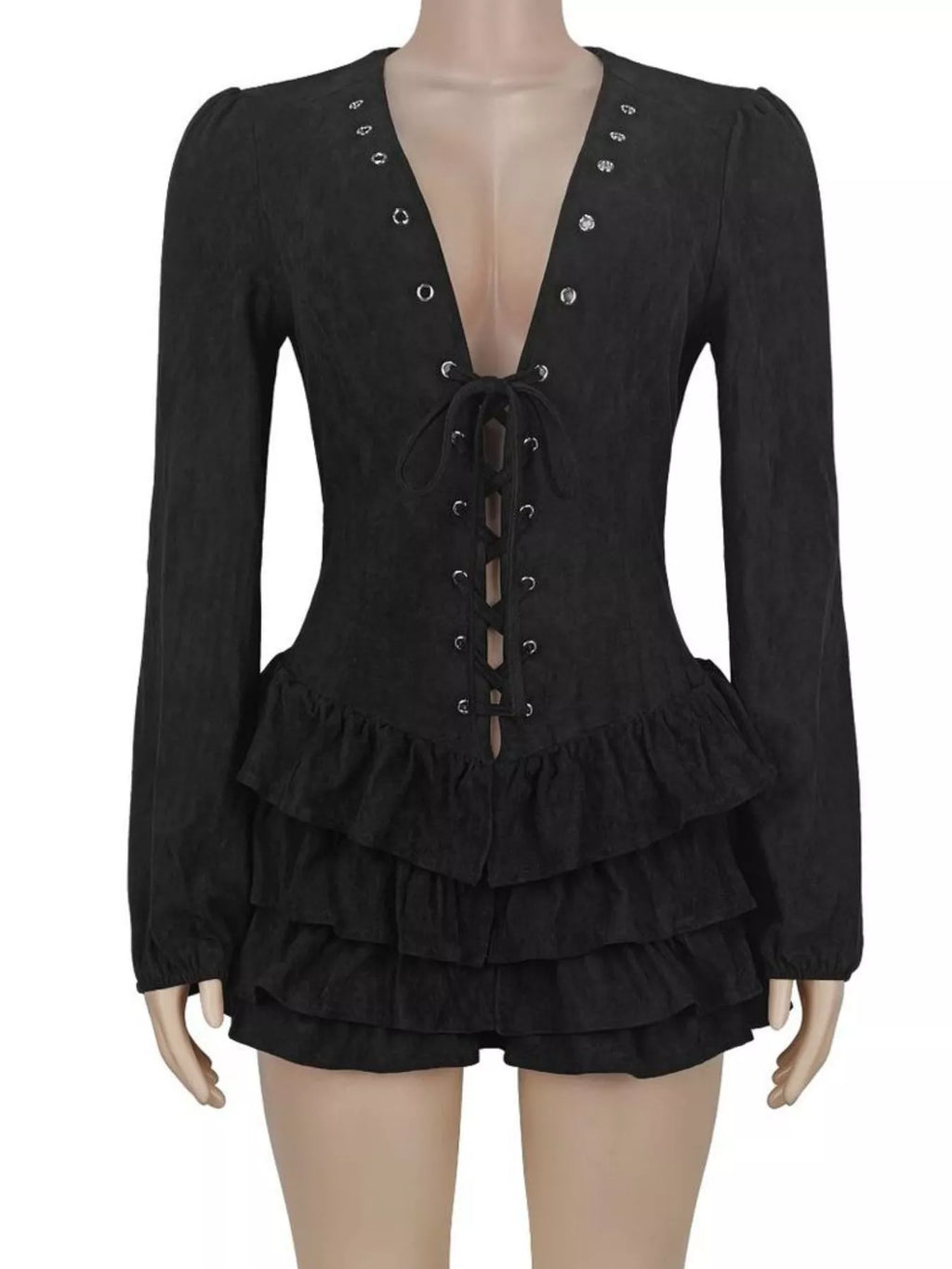 Lace-Up Ruffle Hem Long Sleeve Mini Dress - Lilixa.store