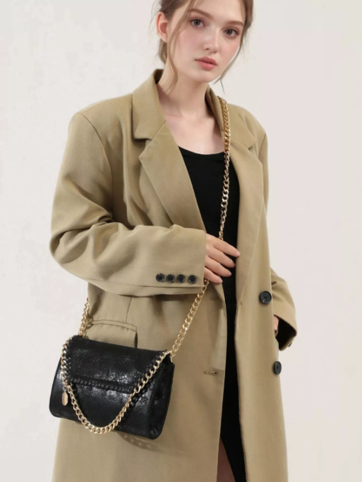 Matte PU Leather Textured Chain-Strap Shoulder Bag in Black, view 3