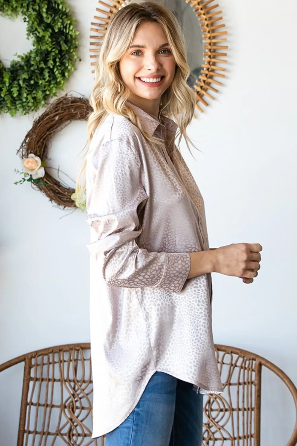First Love Full Size Ditsy Dot Button Down Collared Satin Shirt - Lilixa.store