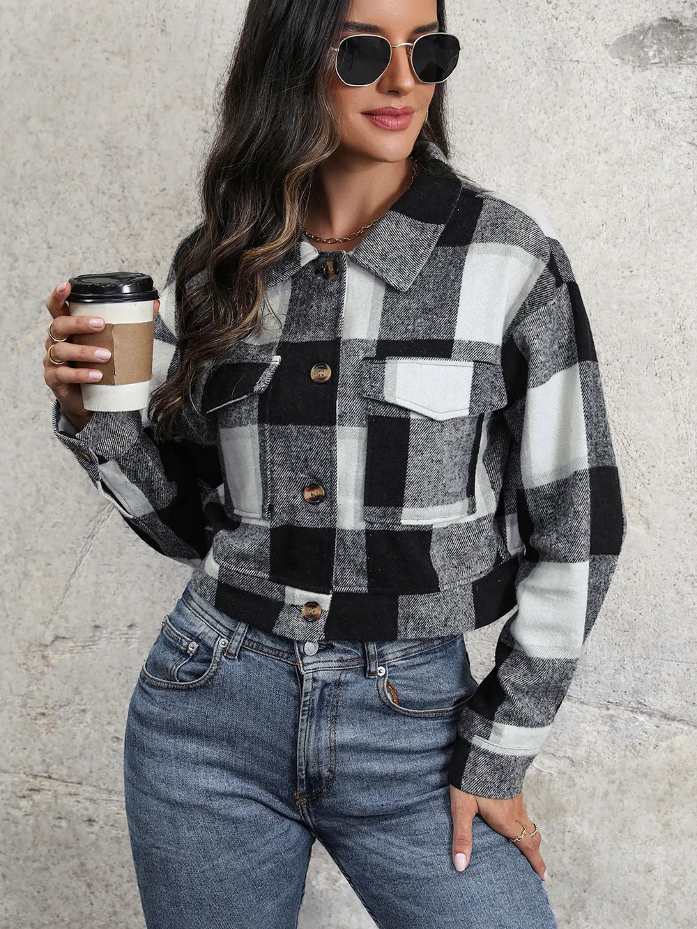 Perfee Plaid Button Up Drop Shoulder Cropped Jacket, view 6