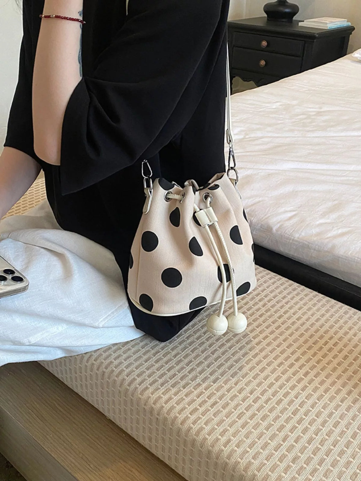 Polka Dot Drawstring Bucket Crossbody Bag