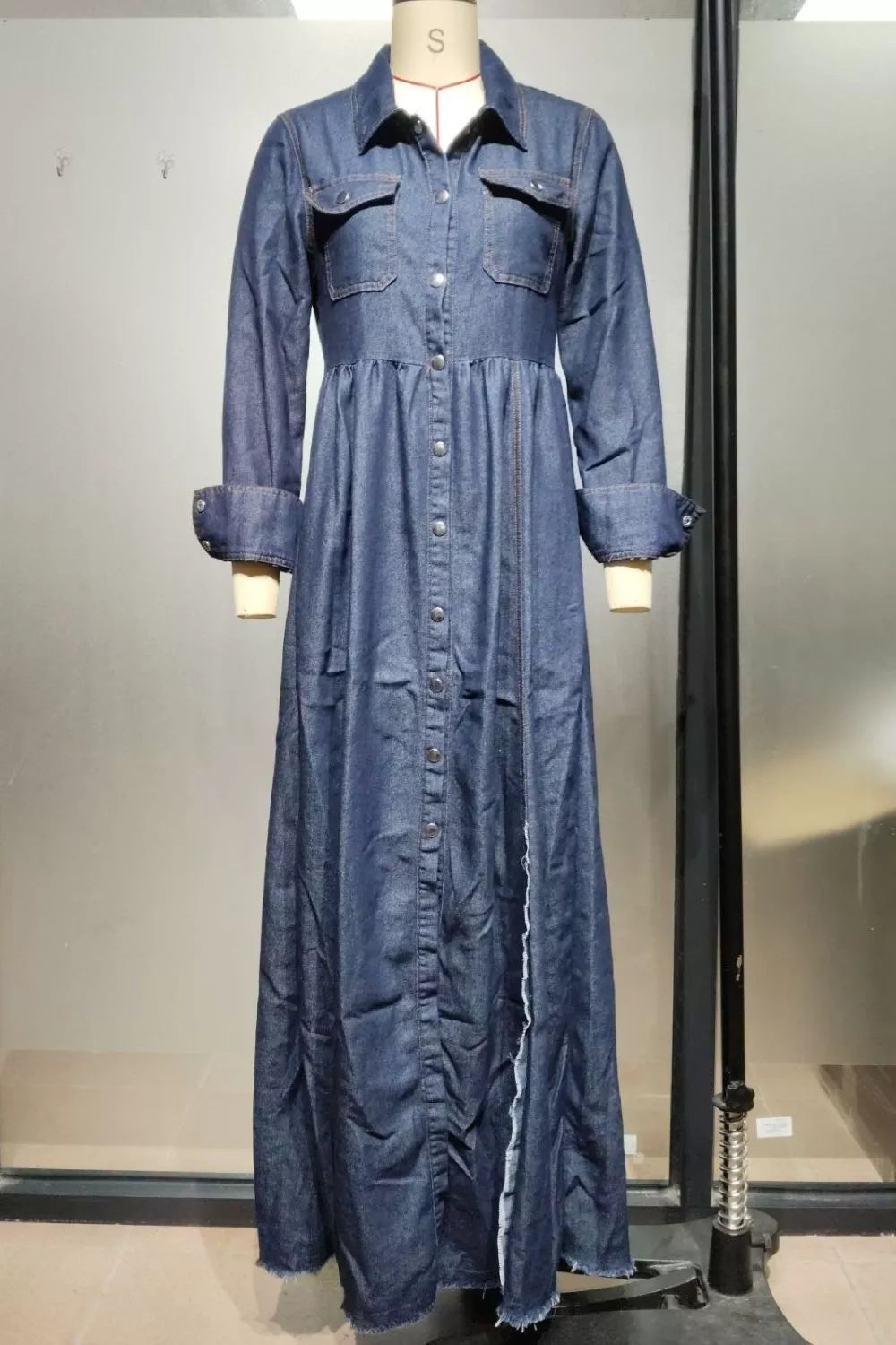 Raw Hem Long-Sleeve Denim Maxi Dress in Dark Blue, view 5