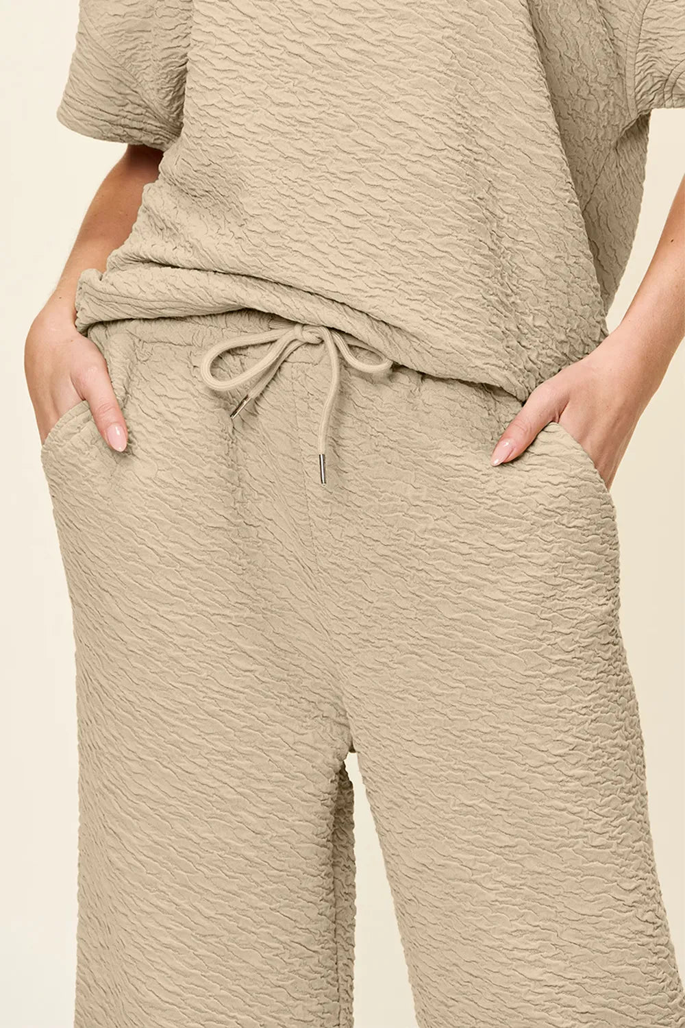 Double Take Full Size Texture Short Sleeve Top and Pants Set, view 3