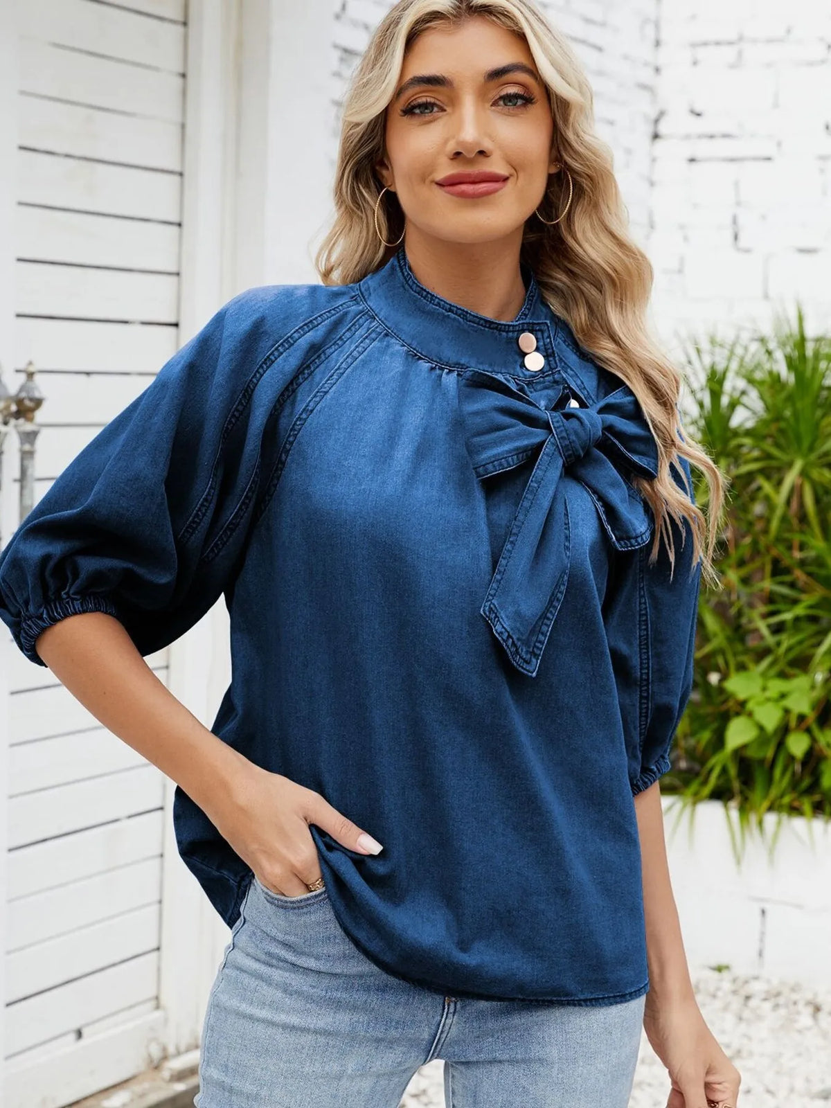 Denim Bow Tie Puff Sleeve Top - Lilixa.store