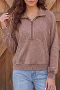 Vintage Half-Zip Long Sleeve Ribbed Cuffs Hem Shift Silhouette Sweatshirt - Lilixa.store