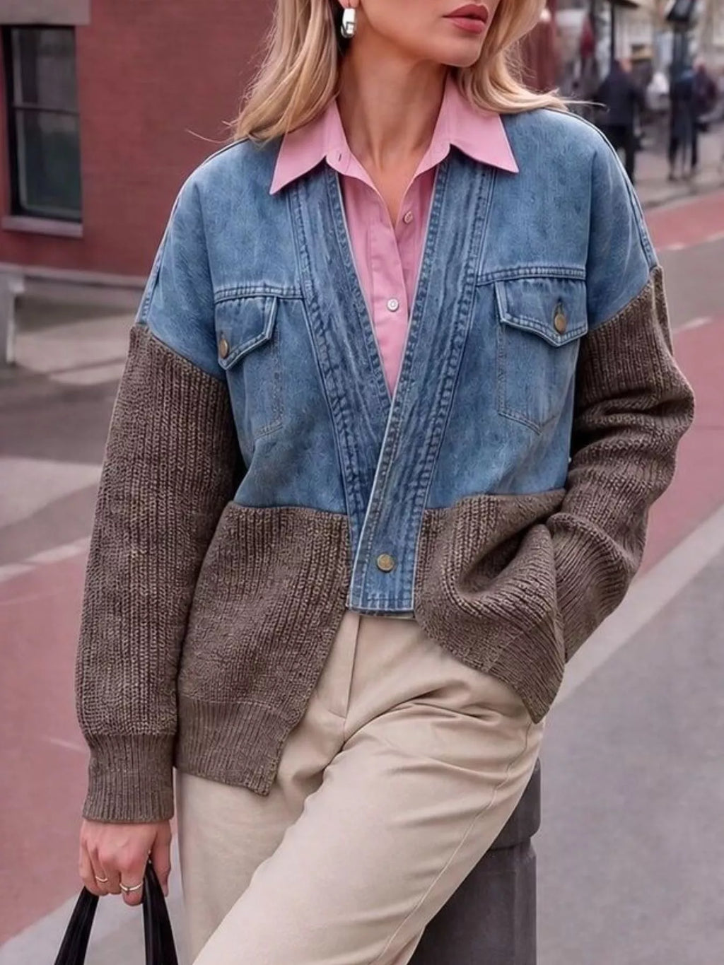 Contrast Denim and Knit Patchwork Cardigan - Lilixa.store