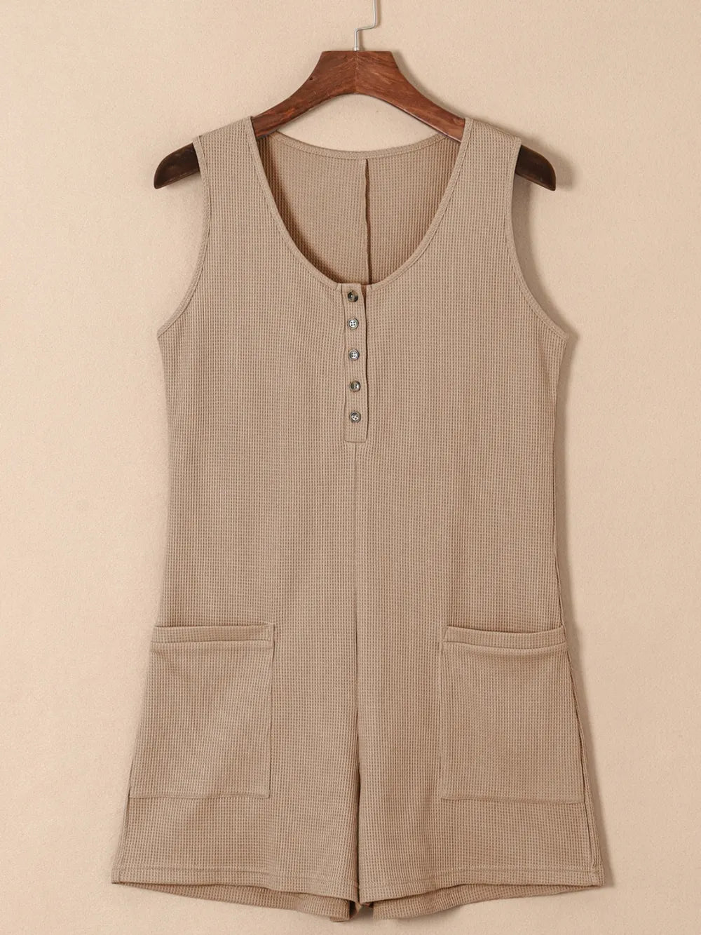 Waffle-Knit Half Button Sleeveless Romper with Pockets - Lilixa.store