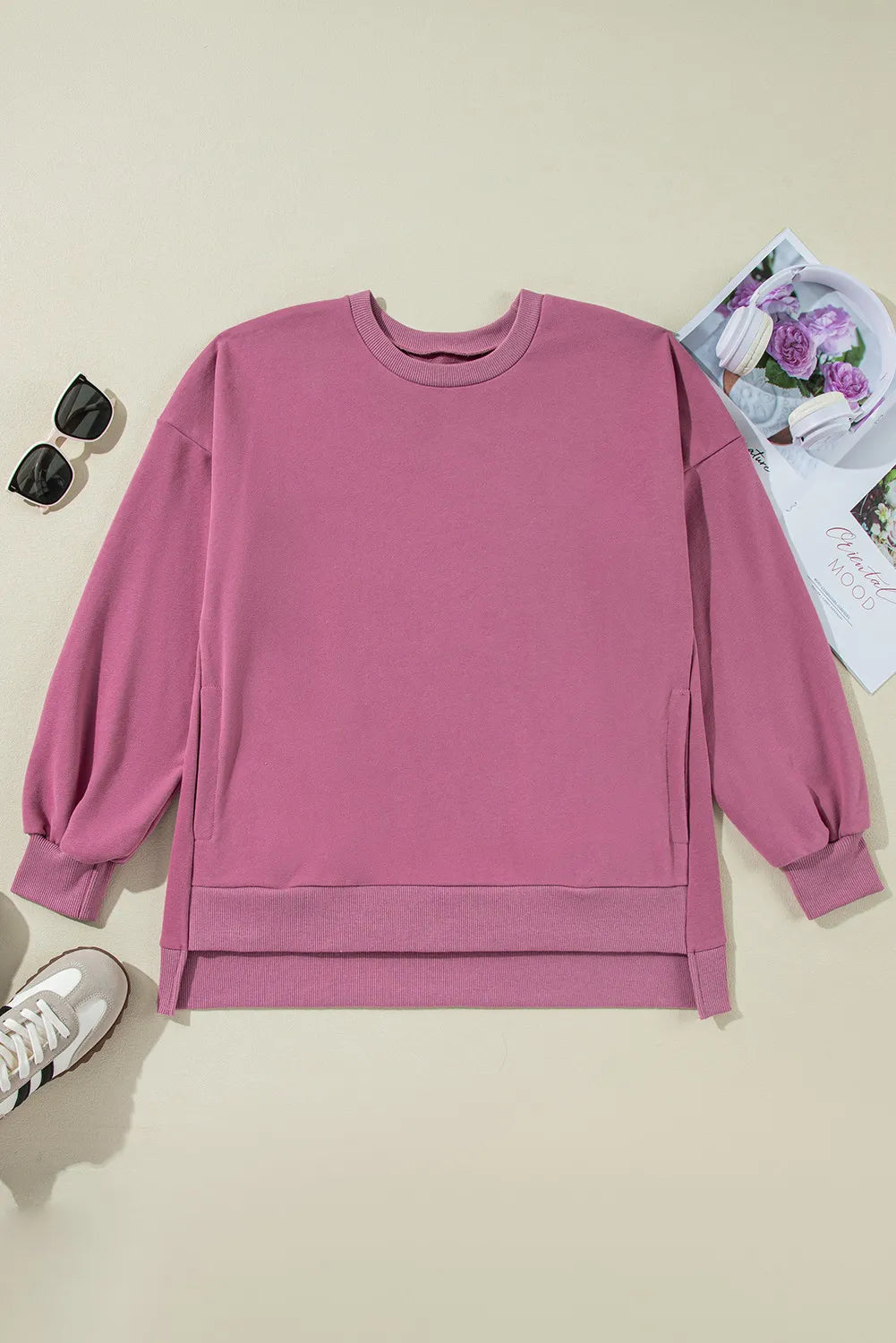 High-Low Round Neck Long Sleeve Sweatshirt - Lilixa.store