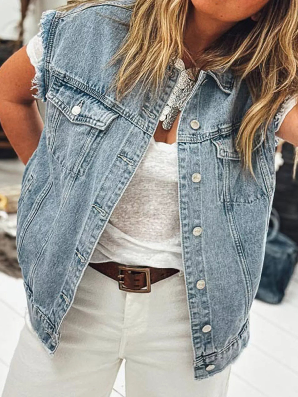 Button Flap Pocket Frayed Detail Denim Vest, view 3