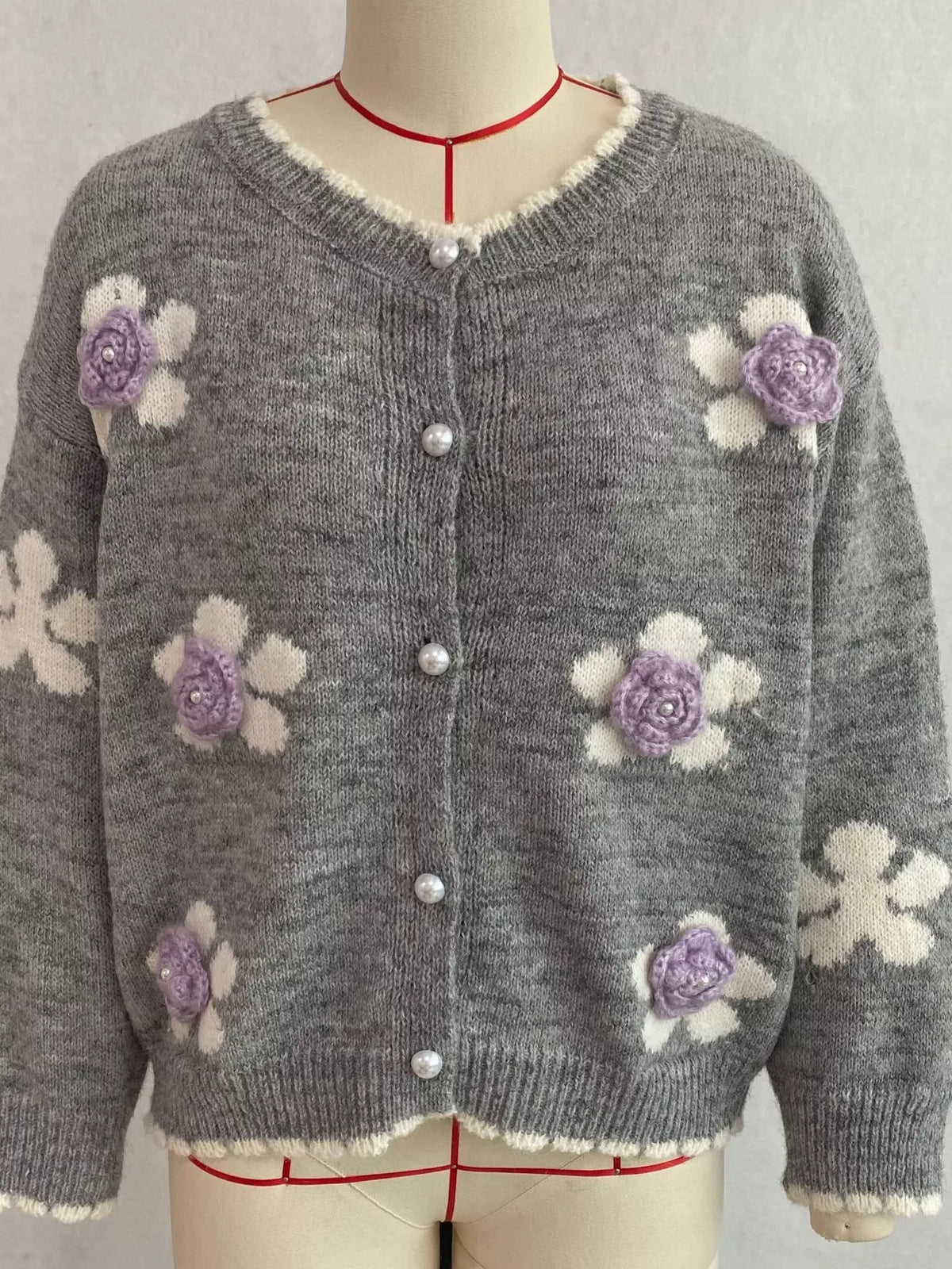 Floral Applique Button-Down Knit Cardigan, view 17