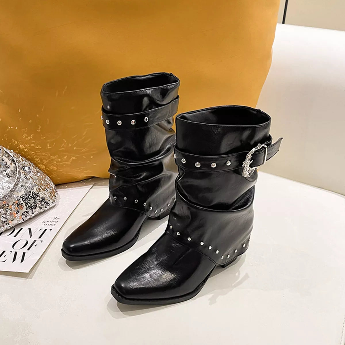 Rivet Embellished Slouchy Mid-Calf Boots in Black, view 3