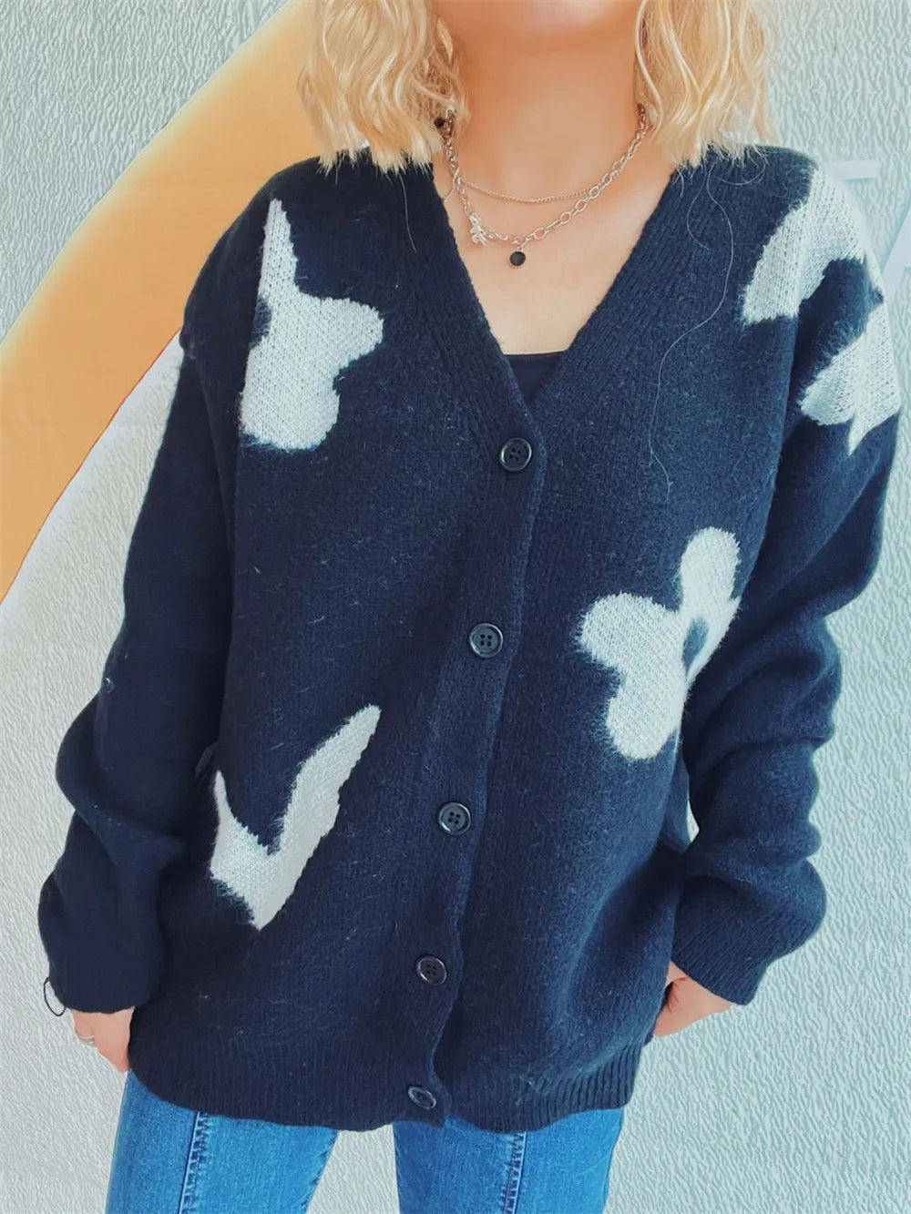 Flower Button Down V-Neck Long Sleeve Cardigan - Lilixa.store