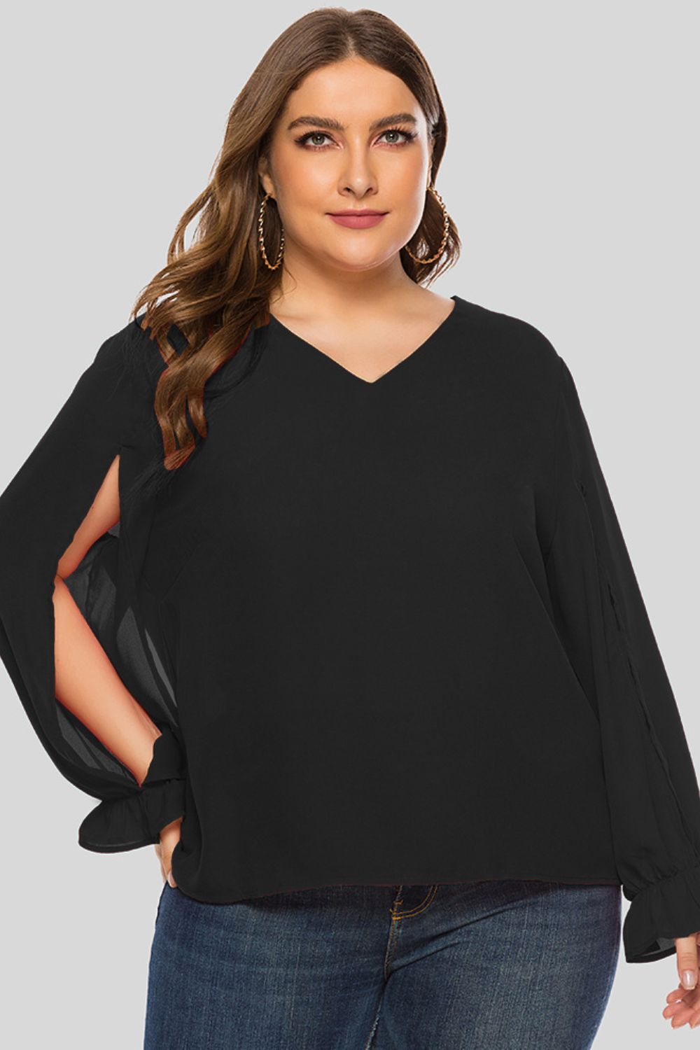 Plus Size Cutout Flounce Sleeve Blouse in Black, view 3